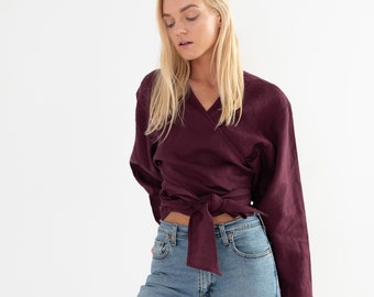 Linen wrap top, long sleeve tie front blouse | JUNE