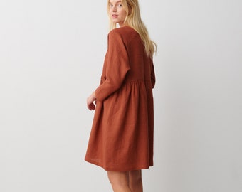 Abito midi in lino, modello smock a maniche lunghe / HARLOW