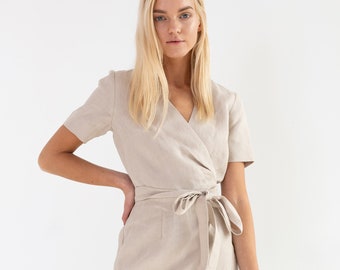 BELLA Midi Linen Dress With Short Sleeves / Wedding Wrap Dress