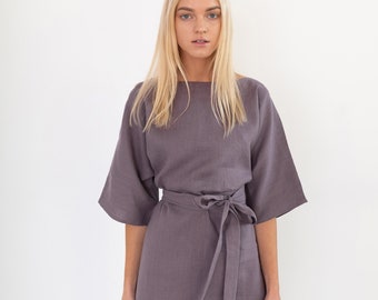 Lavender linen kimono dress, midi with belt, handmade | ISABEL