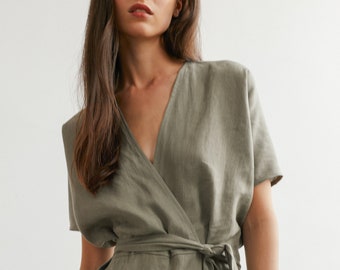 AURORA Linen Jumpsuit / Loose Linen Overalls / Linen Romper With Belt