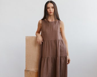 Sleeveless Tiered Linen Dress AGOTA / Linen Midi Dress / Handmade Clothing for Women