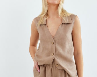 LUCY Collared Linen Vest / Sleeveless Linen Shirt / Handmade Clothing for Women