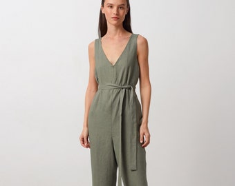 MADELINE Linen Jumpsuit / Sleeveless V-Neck Loose Linen Overall / Linen Romper