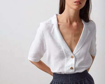 Camicia a maniche corte in lino RAY / Top con colletto / Top fatti a mano per le donne / Camicia di lino bianco