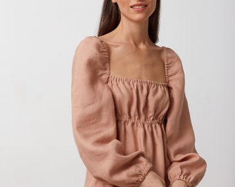 MARGOT Robe mi-longue en lin / Robe d'été longue / Manches longues Femme