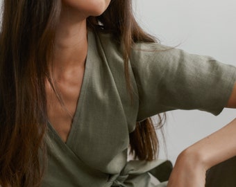 Ready to ship, Linen Jumpsuit AURORA, Kimono Inspired Linen Overalls, Romper With Belt