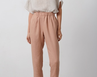 RAVEN Linen High Waist Pants / High Waisted Tapered Linen Trousers / Camel