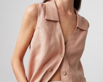 Prêt-à-partir LUCY Gilet en lin à col / Chemise sans manches en lin / Vêtement fait main pour femme