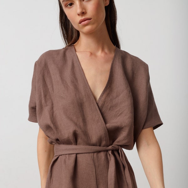 Linen jumpsuit, short sleeve romper with belt | AURORA