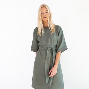 Sage green linen kimono dress, belted midi | ISABEL
