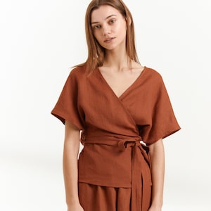 EVIE Linen Wrap Top in Rust