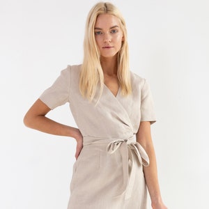 BELLA Midi Linen Dress With Short Sleeves / Wedding Wrap Dress image 1