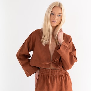 VICTORIA Linen Crop Top / Tie Front Top for Women in Rust