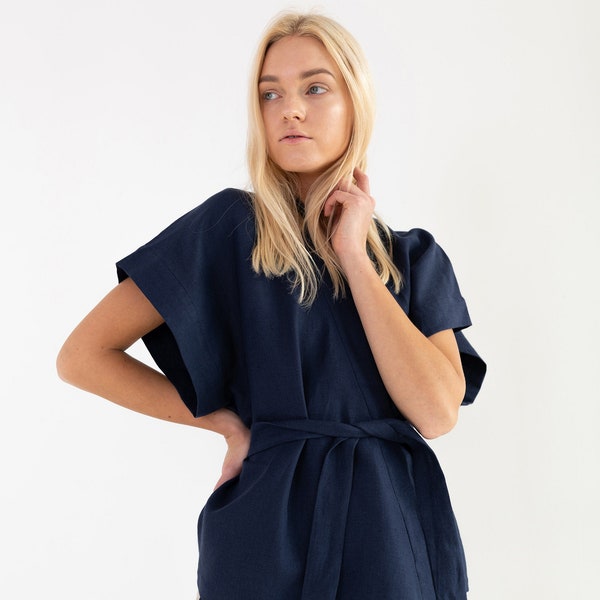 Linen kimono jacket, short sleeve wrap top with belt | ELI
