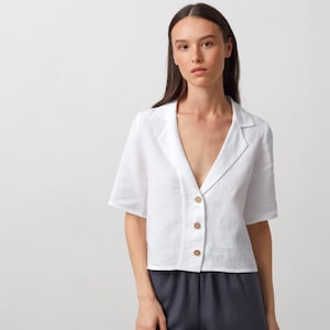 Short-sleeve linen shirt, collared button-up, white, handmade | RAY