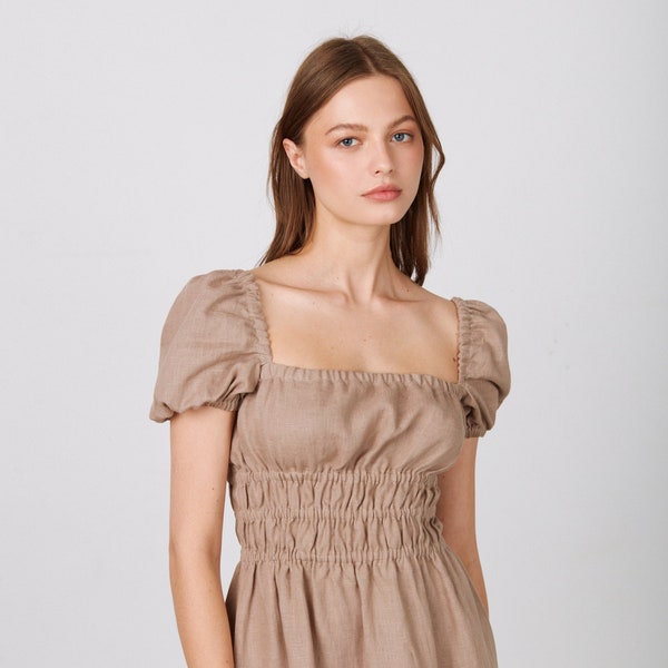 Linen Midi Dress, Puff Sleeve Summer Dress, Shirred Waist, HOLIDAY