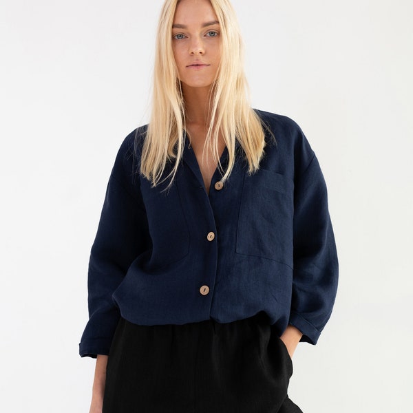 ROSEMARY Linen Shirt Navy Blue / Linen Jacket