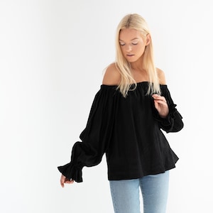 ALICE Off The Shoulder Linen Top / Black Linen Blouse / Handmade Clothing