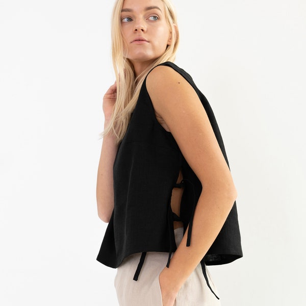 AVERY Side Tie Linen Top / Linen Sleeveless Top / Black Linen Tank Top