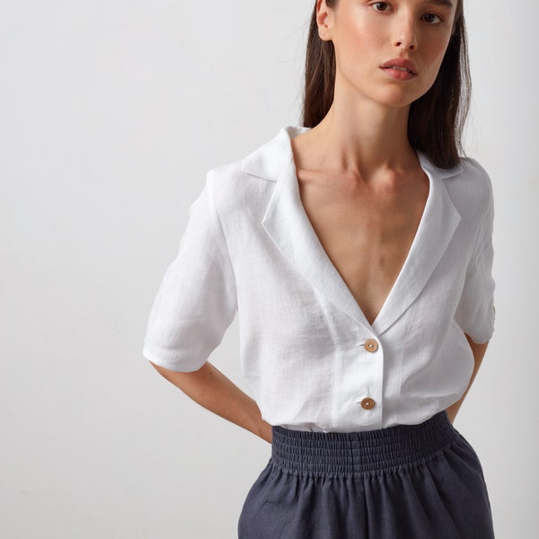 Chemise à manches courtes en lin RAY / Top à col / Tops faits à la main pour femmes / Chemise en lin blanc