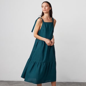 BERRY Linen Strap Dress / Midi Summer Dress / Tie Strap Dress / Handmade Clothing for Women