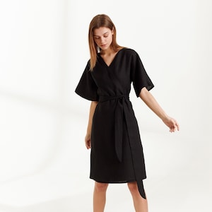 MARY Linen Wrap Dress / Black Linen Kimono Wrap Dress
