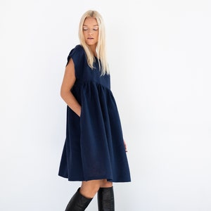 Navy linen smock dress, loose summer style | POPPY