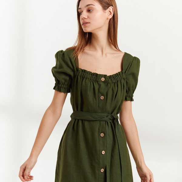 JULY Button Down Linen Dress / Mini Summer Dress in Forest Green