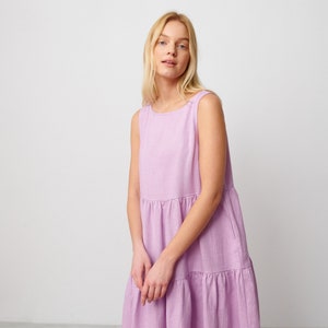 Linen midi dress, sleeveless tiered, pockets, handmade | AGOTA