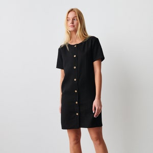 Linen Button Down Dress LYRA, Black Linen Mini Dress, Short Sleeve