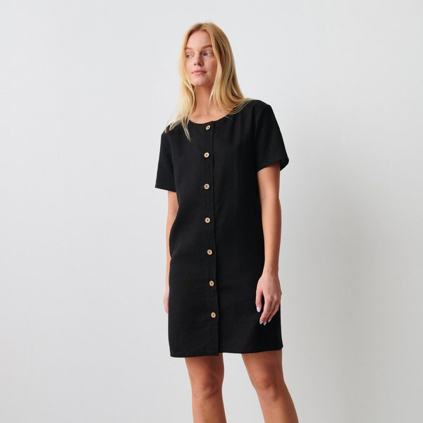 LYRA Linen Dress for Women / Linen Button Down Dress / Linen Short Sleeve Dress in Black