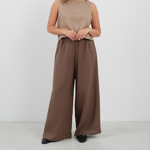 Pantalon large en lin PERLE / Pantalon fluide à taille élastique / Palazzo taille haute image 1