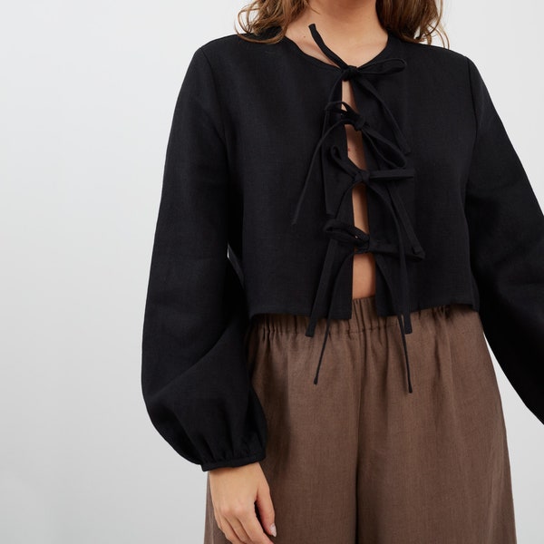 Heavy Tie Front Linen Top KOA / Cropped Linen Jacket