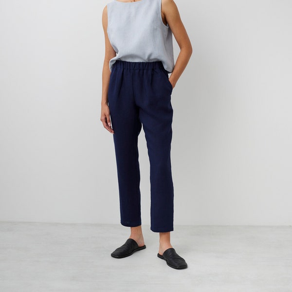 Linen Pants RAVEN / High Waisted Tapered Linen Trousers / Navy Blue