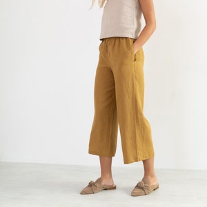 Gelbe Honig Leinenhose mit weitem Bein im Palazzo-Stil | RILEY