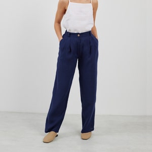 Linen Tailored Pants JAMES / Straight Leg Trousers Navy Blue