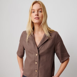 Camicia a maniche corte in lino RAY / Top con colletto / Top fatti a mano per donna