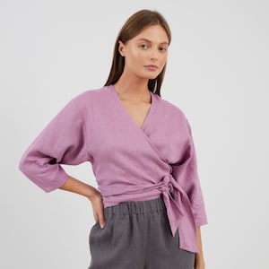 Linen wrap top, radiant orchid kimono blouse | CLAIRE