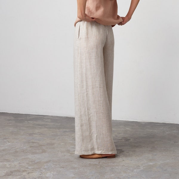 Ready to ship / PEARL Wide Leg Linen Pants / Elastic Waist Flowy Trousers / High Waist Palazzo