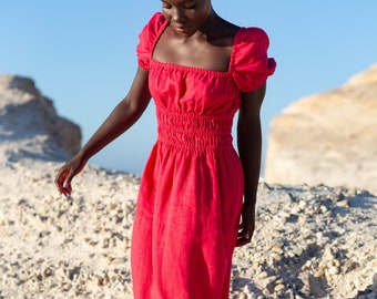 HOLIDAY Linen Midi Dress / Long Summer Dress / Puff Sleeve Women's Dress