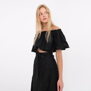 Ready to ship, Off The Shoulder Ruffle Linen Top ACACIA, Cropped Summer Blouse, Bardot Top