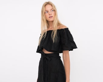 ACACIA Off The Shoulder Ruffle Linen Top / Cropped Linen Blouse / Bardot Crop Top