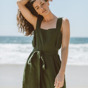 ELLIDY Linen Dress / Strap Summer Dress in Forest Green image 3