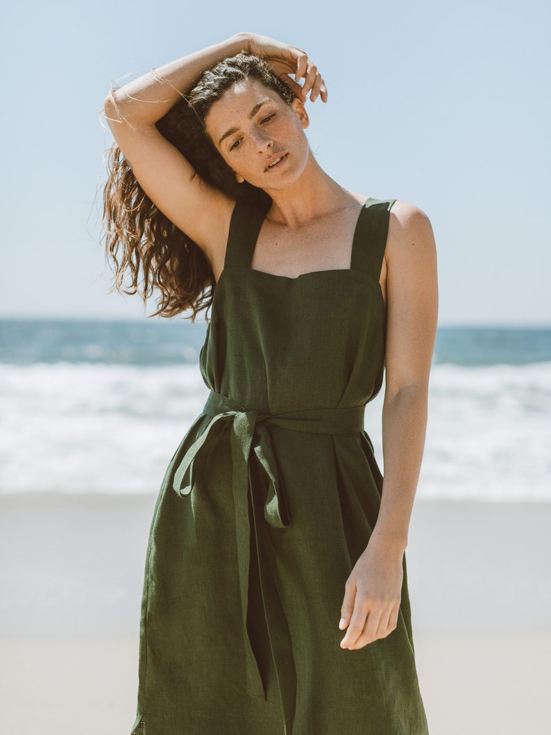 ELLIDY Linen Dress / Strap Summer Dress in Forest Green image 3