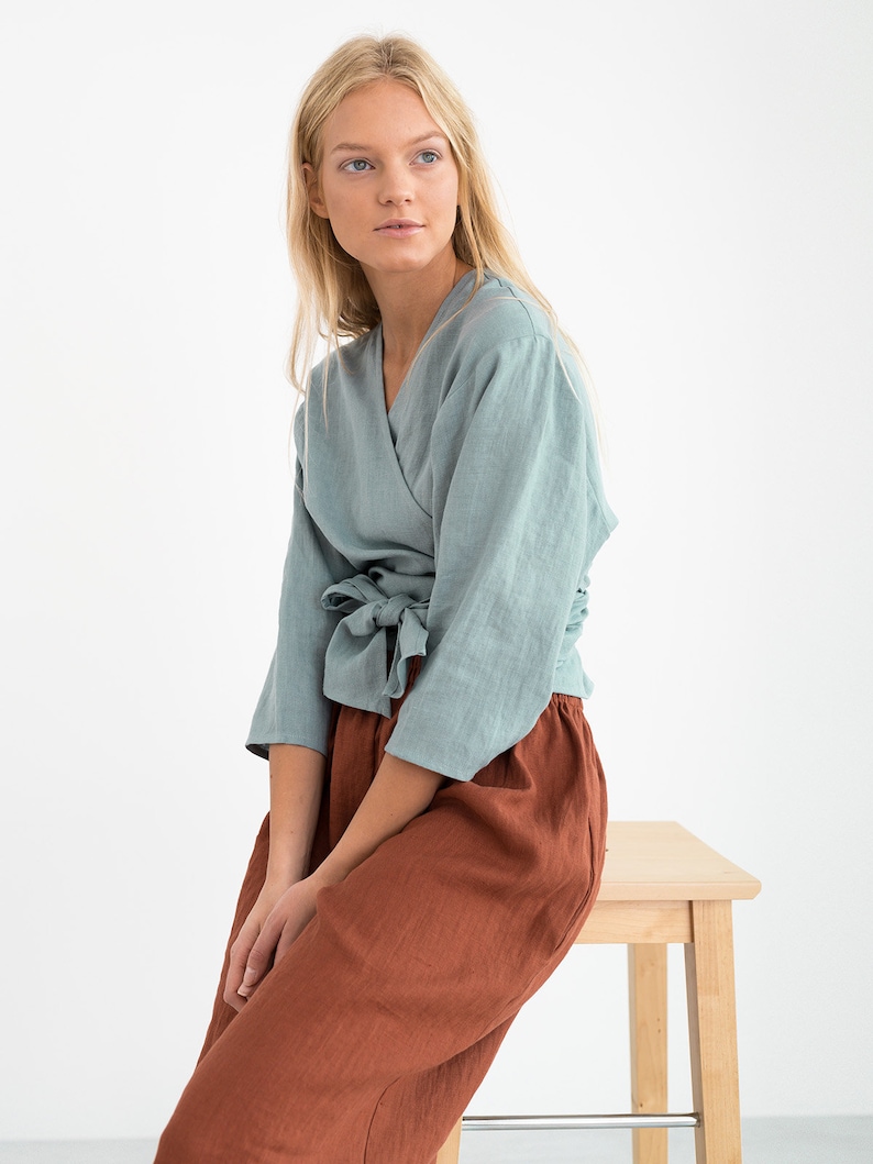 CLAIRE Linen Wrap Top / Linen Wrap Blouse / Linen Kimono Top image 5