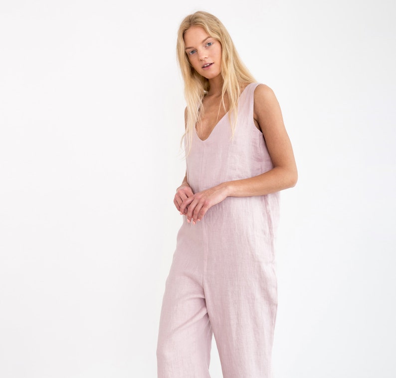 MADELINE Linen Jumpsuit With Belt / Sleeveless V-Neck Linen Overall zdjęcie 4