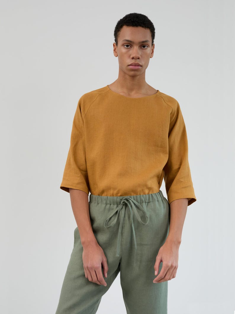 Image 2 of Mens Linen Drawstring Pants DOMINIC, Relaxed Fit Casual Trousers for Summer, Beach Resort Wear Slacks in "Sage Green" by LAC