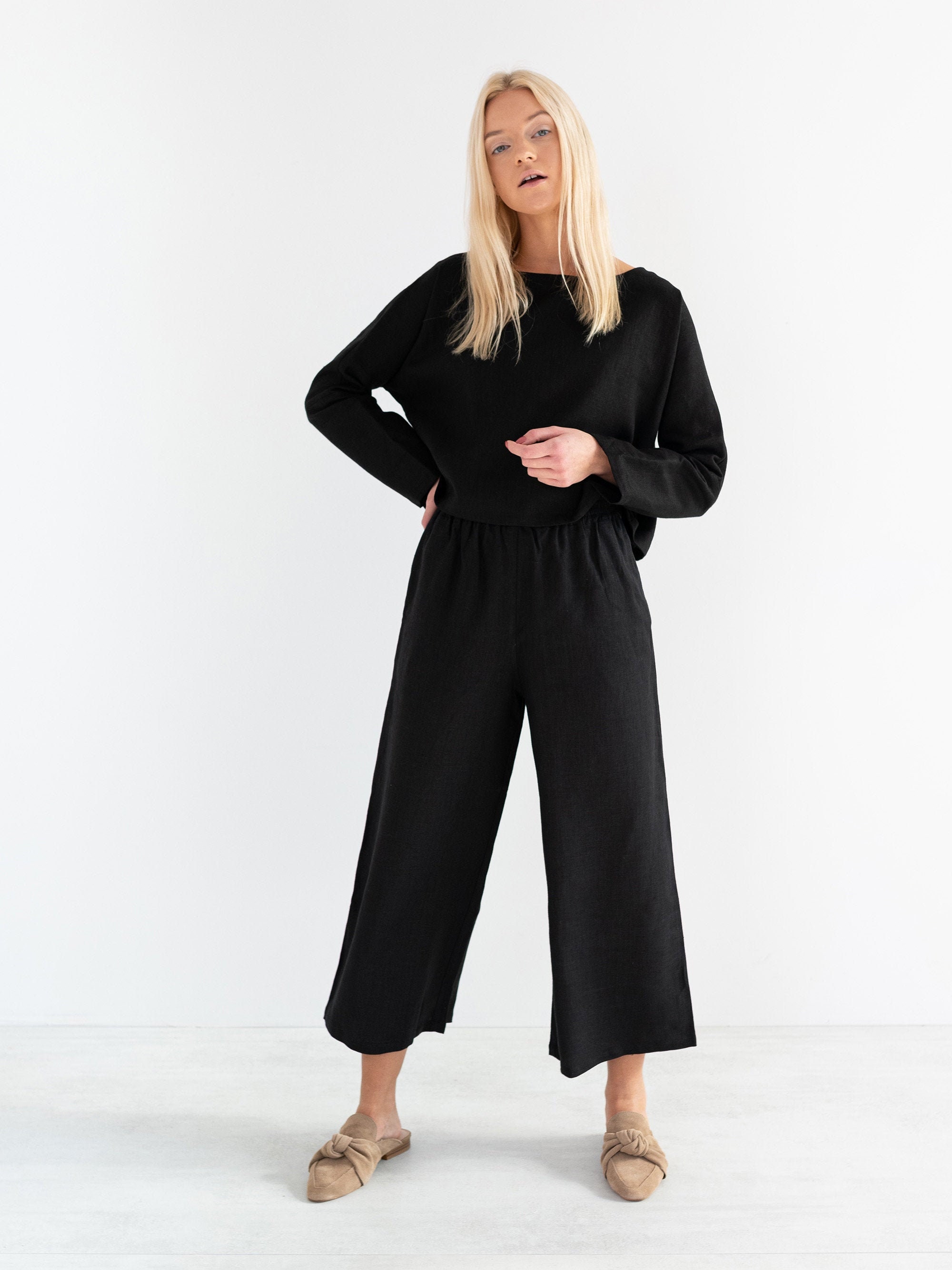RILEY Linen Pants for Women / Black Wide Leg Linen Trousers
