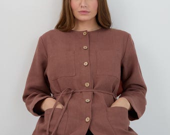 SALE Women's Heavy Linen Jacket, Round Neck, Tie Belt and Patch Pockets | KARA